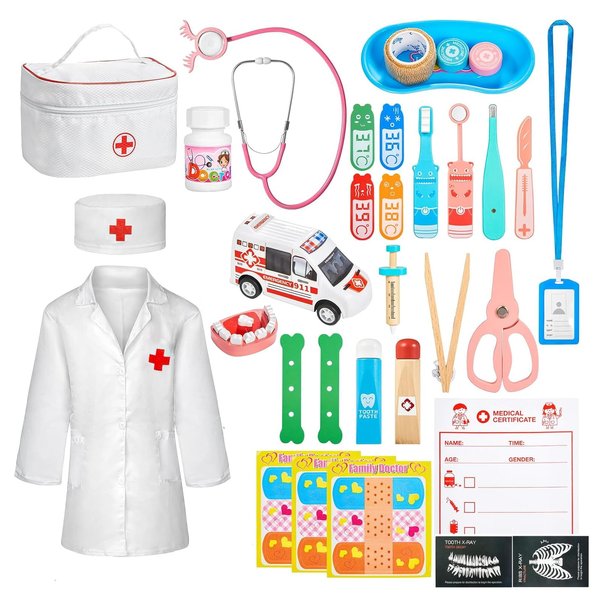 Doctor Kit for Kids, 34 Pieces Pretend Play Doctor Playset, Dentist Play Set, Toddler Doctor kit, Medical Storage Bag & Real Stethoscope, Preschool Role Play Birthday Gifts Age 3 4 5 6 7 8 9 Year Old