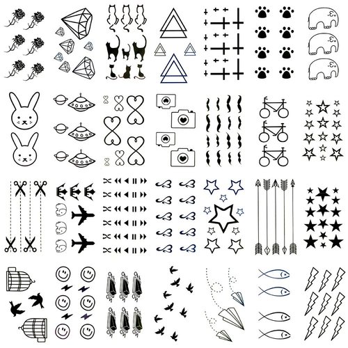 Oottati 30 Sheets Small Cute Temporary Tattoos Kit - Black Foot Print Camera Elephant Star Diamond Cross Bird Cat for Kids Women Men