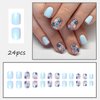 Short Press on Nails Square Fake Nails with Flower Designs Light Blue Acrylic Nails Stick on Nails Solid Color False Nails Cute Spring Press on Nails Glossy Artificial Nails for Women Manicure 24Pcs