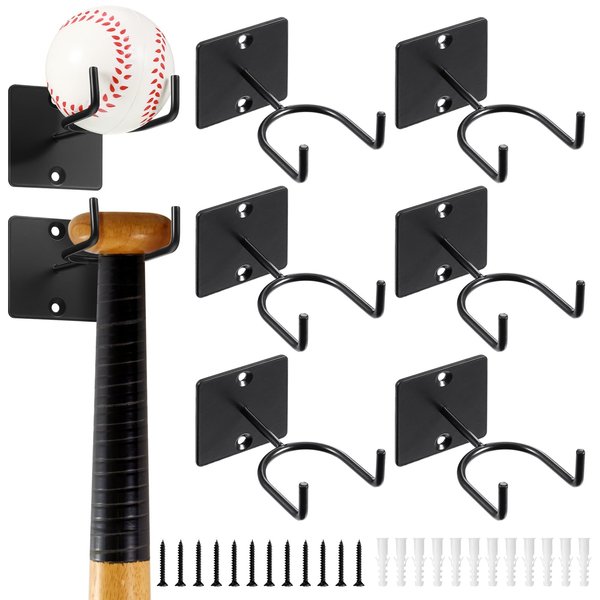 Sratte 6 Pcs Baseball Bat Holder Black Vertical Baseball Bat Wall Mount Display Stand Baseball Bat Wall Mount Storage Baseball Holder Baseball Bat Rack for Sport Memorabilia Ball Storage