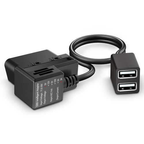 OBD Constant Power Cable for Dash Camera,Compatible with Garmin Dash Cam,OBDII Adapter Cable with Dual USB Interfaces,24 Hours Surveillance/Acc Mode with Low Voltage Protection 11.6-36V to 5V 3A