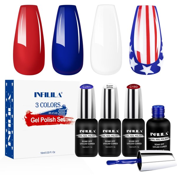 NXJ INFILILA 4th of July Gel Nail Polish Set, 10ml 3 Pcs 4th of July National Flag Red Blue and White Gel Nail Polish, Soak Off UV Lamp Cured Perfect for the 4th of July Accessories Manicure