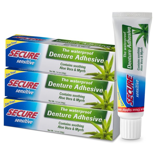 Secure Sensitive Denture Adhesive – 12-Hour Max Hold – Waterproof Seal – Zinc Free – Food Grade Ingredients – fsa hsa Approved – 1.4 oz (3 Pack)