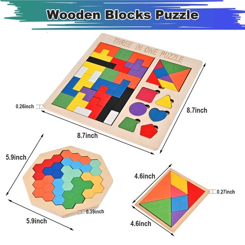 Wooderma 3 Pack Wooden Blocks Puzzles, 3-in-1 Russian Blocks, Octagon Puzzle, Tangrams Puzzles, Brain Teasers Toy Logic Game, Montessori STEM Educational Toys Present for Kids and Adults