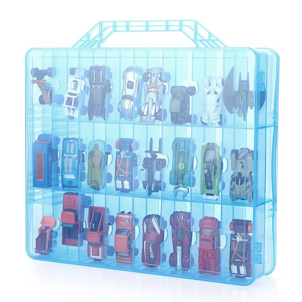 BTSKY Double Sided Toy Storage Organizer with 48 Compartments, Toy Organizer Carrying Case for Hot Wheels Car, Matchbox Cars, Mini Toys, Small Dolls, and more Mini Cars Collection(Blue)