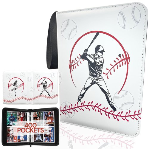 Baseball Card Binder with Sleeves 400 Pockets. Sports Card Binder Book with Zipper. Christmas Gifts for Baseball Card Collectors. Waterproof Baseball Card Holders Compatible with Topps Cards. (White)