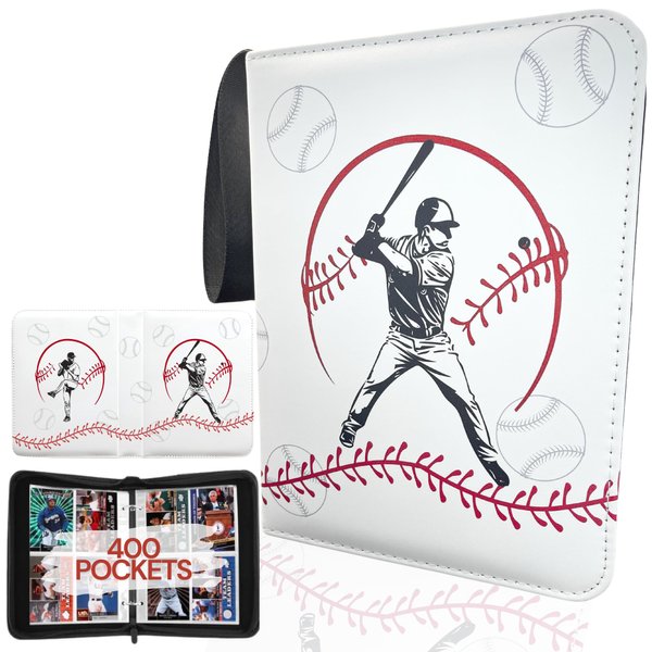 Baseball Card Binder with Sleeves 400 Pockets. Sports Card Binder Book with Zipper. Christmas Gifts for Baseball Card Collectors. Waterproof Baseball Card Holders Compatible with Topps Cards. (White)