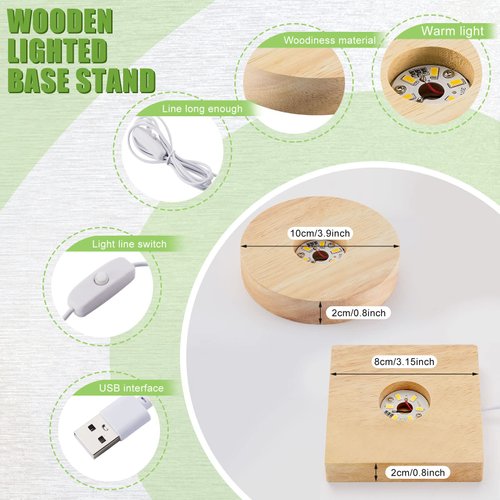 Honoson 2 Pieces Wood Light Display Base Wooden LED Display Base Crystal Glass Base Stand Wood LED Display Stand for 3D Crystal Glass Resin Art (Square, Round)