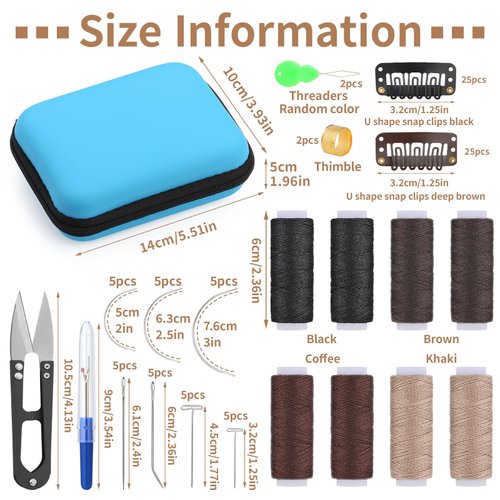 Ftyiwu 100PCS Hair Extension Clip Wig Making Set, 8 Rolls Hair Weave Sewing Thread with 50PCS Metal Snap Clips, I/J/T/C Needles and Storage Bag for DIY Wig Making Hand Sewing
