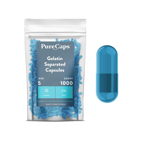 PureCaps USA - Empty Gelatin Capsules Size 5| 1,000 Separated Pills| Blue| Non-GMO Certified| SLS, Gluten, Preservative Free