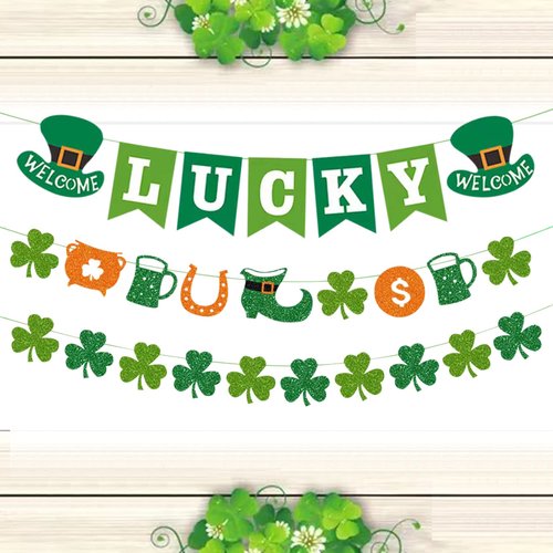 LanttAotte Lucky Banner St Patricks Day Decorations Saint Patricks Day Banner Green Shamrock Garland Irish Decor Spring Party Supplies