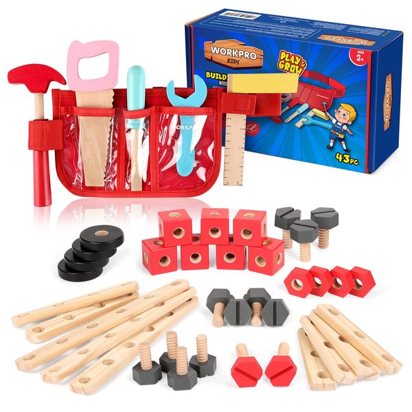 WORKPRO Wooden Building Toy Tools Set, 43 Pcs Building Toy Set Creative&Educational Construction Toy, Great Gift for Toddlers 3+