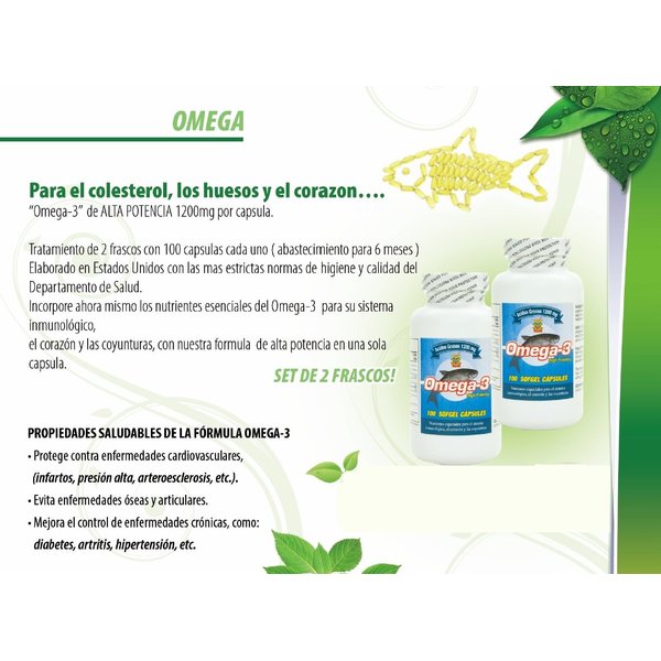 Omega 3 Capsulas de Alta Potencia. Set de 2 frascos con 100 capsulas c/u. Para las arterias, coyunturas, bajar el colestereol malo. Tratamiento para 6 meses.