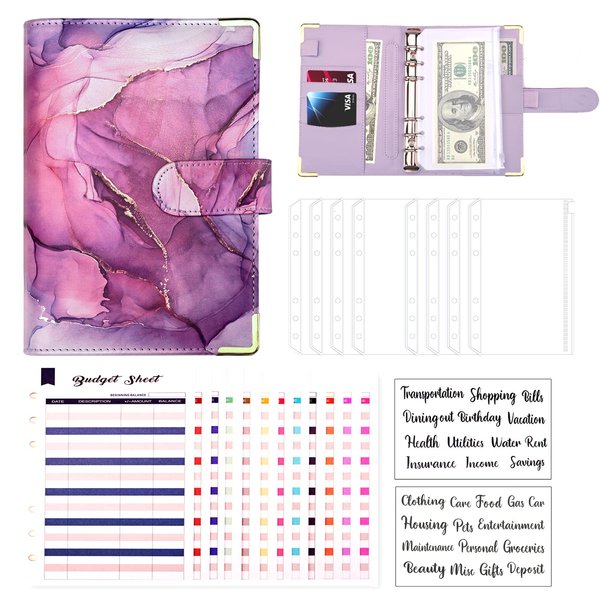 Budget Binder, A6 Marble PU Leather Binder, 6 Ring Budget Planner Organizer with 8 Zipper Cash Envelopes, 12 Expense Budget Sheets, 2 Letter Label Sticker for Budgeting, Saving Money (Purple)