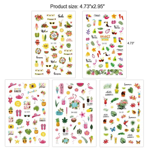 Konsait 1000+pcs Summer Nail Art Stickers 3D Self-adhesive Nail Decals Hawaii Flamingo Cactus Flower Fruits Ocean Leaves Nail Art Designs for Women Girls Kids
