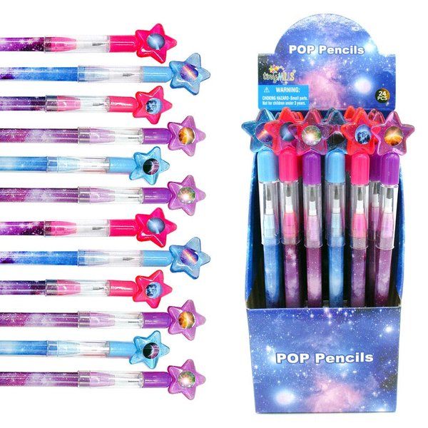 Tiny Mills 24 Pcs Galaxy Outer Space Multi Point Stackable Pencil with Eraser for Outer Space Galaxy Birthday Party Favor Prize Carnival Goodie Bag Stuffers Classroom Rewards