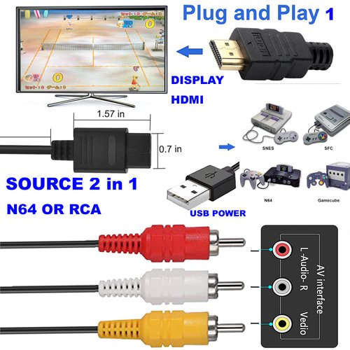 2 in 1 N64 to HDMI 10ft Converter OR RCA to HDMI Cable,N64 to 2 TV Splitter(hdmi and RCA) with Earphone or Sound, Compatible SNES/N64 Game Console