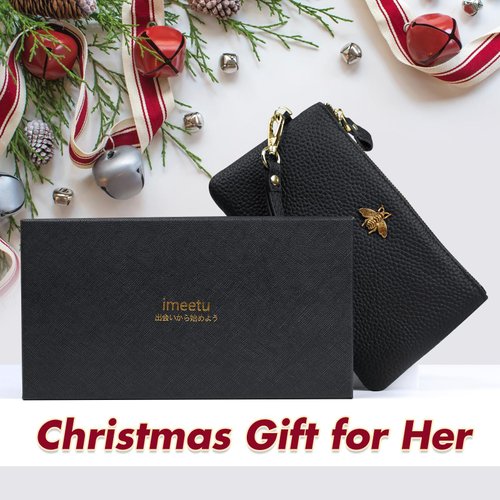 imeetu Women's Wristlet Clutch Purse Leather Cell Phone Wallet Handbag with Wrist Strap (Black)