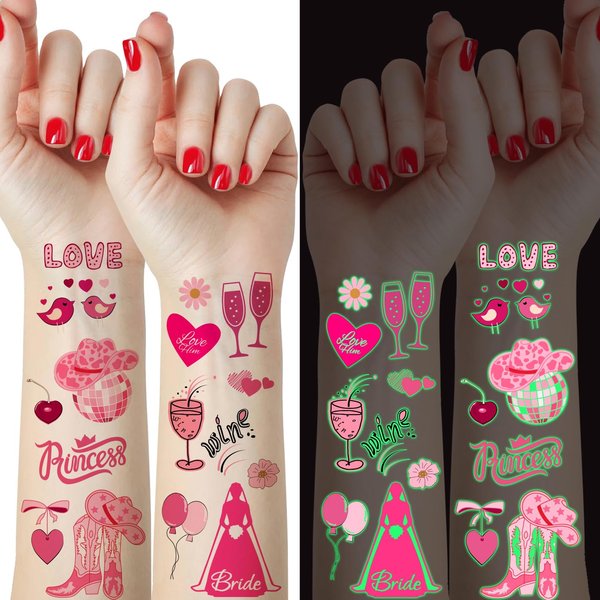 50 Pieces Glow in The Dark Temporary Tattoos, Pink Preppy Bachelorette Tattoos Stickers, Girls Women Body Face Art, Disco Cowgirl Party Decorations Favor Supplies