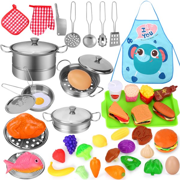 Play Food Sets for Kids Kitchen, Play Kitchen Accessories 46Pcs, Stainless Steel Cookware Pots and Pans Set with CuteApron, Cutting Play Food, Cooking Utensils,Toys for 3 4 Year Old Girls