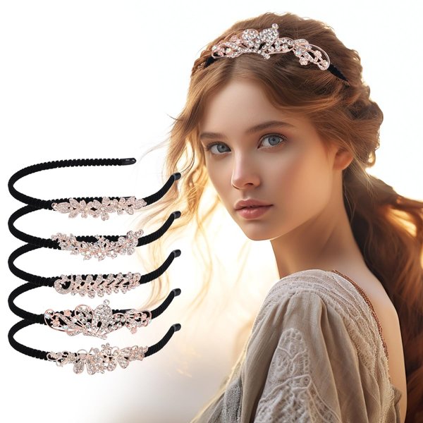 ALXBSONE Women Hairbands, 5 Pack Crystal Headbands, Fashion Rhinestone Metal Hair Clip, Hair Accessories Embellished Hair Wrap Velvet Non-slip(Set02)