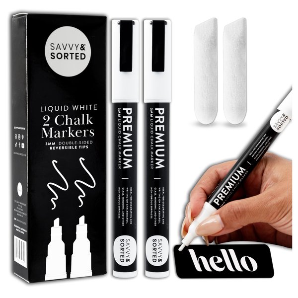 White Liquid Chalk Markers Erasable - 2PK 3mm Fine Tip Chalk Markers Chalk Pens - Chalkboard Markers Bistro Chalk Marker Glass Window Markers - Glass Board Markers - Erasable Chalk Markers Fine Tip