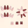 Medium Press on Nails Almond Fake Nails Burgundy Matte Full Cover Glue on Nails Golden Curve Glitter Design Acrylic Nails Press ons Glossy Artificial False Nails for Girls 24Pcs