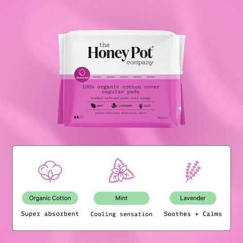 The Honey Pot Company Clean Cotton Regular Absorbency Pads, Herbal-Infused Pads with Wings, Plant-Derived Feminine & Menstrual Care. (Product) RED – 20 ct.