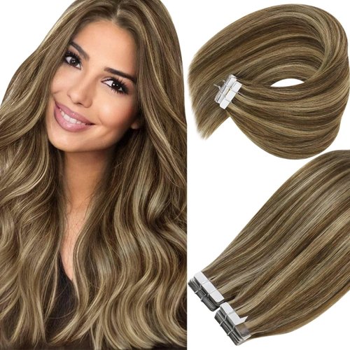 Ve Sunny 24inch Tape in Hair Extensions Human Hair Highlight Brown Hair Extensions Tape in Dark Brown Highlight Caramel Blonde Tape on Hair Extensions Brown Highlight for Long Hair 20pcs 50g