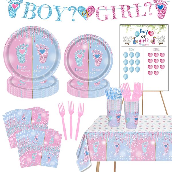 Gender Reveal Decorations, Gender Reveal Party Supplies Plates-Serve 24, Boy or Girl Party Tableware Set with Disposable Paper Plates Napkins Cups Straws Tablecloth for Baby Shower Decorations