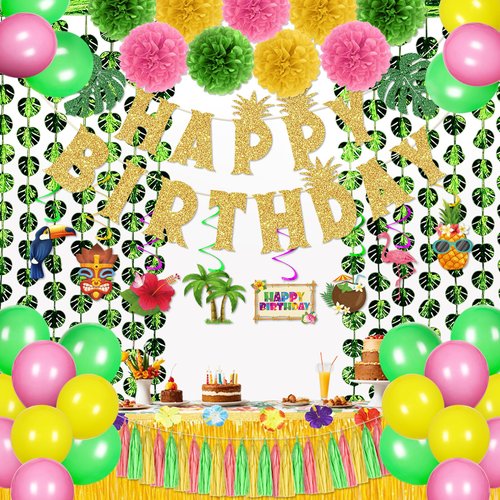 Hawaiian Luau Birthday Party Decorations Tropical Birthday Decor Hawaiian Themed Flamingo Swirl Streamer Happy Birthday Banner Aloha Balloons Paper Tassel Tropical Curtain for Summer Party Supplies