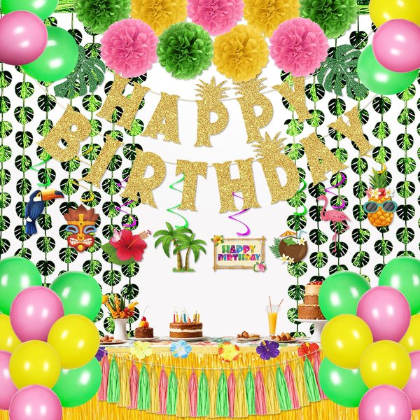 Hawaiian Luau Birthday Party Decorations Tropical Birthday Decor Hawaiian Themed Flamingo Swirl Streamer Happy Birthday Banner Aloha Balloons Paper Tassel Tropical Curtain for Summer Party Supplies