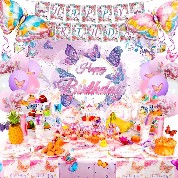 Butterfly Birthday Decorations Butterfly Party Supplies for Girls with Balloons & Tools Tablewares Napkins Backdrop Cake Toppers