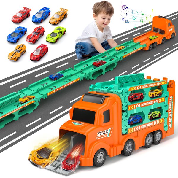 Carrier Truck Race Track Toddlers Toys, Foldable 3 Layer Car Race Track Playset, Toy Truck Transport Car Carrier & 8 Race Cars, Truck Car Kids Toys Xmas Gifts for Age 3 4 5 6+ Years Old Boys Girls