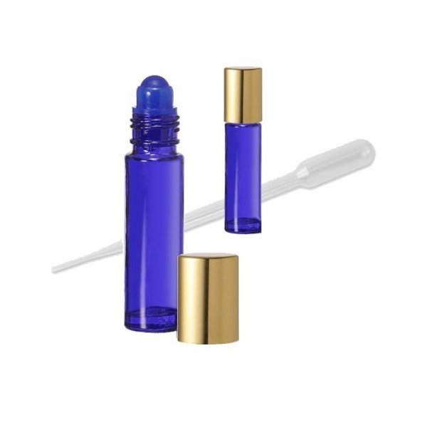Grand Parfums 6 Essential Oil and Aromatherapy 10ml Glass Roll On Bottles, Cobalt Blue with Gold Caps-Set of 6