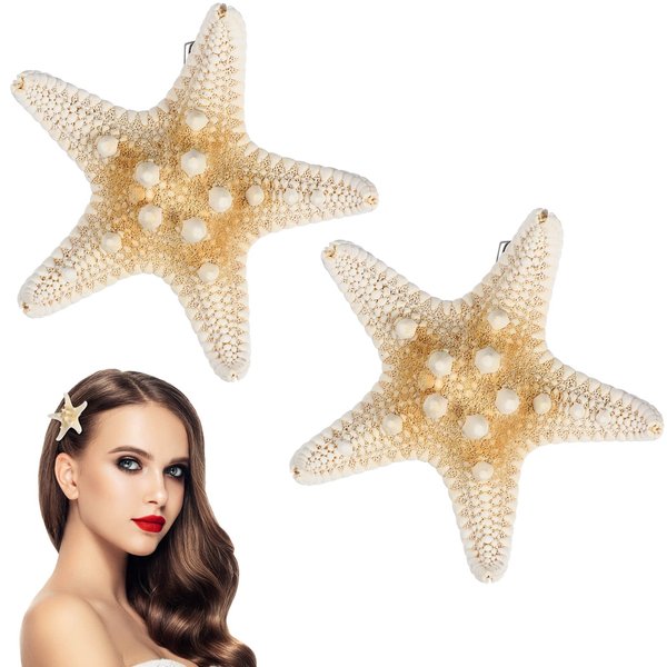 FRCOLOR 2PCS Starfish Hair Clip Handmade Natural Sea Star Hair Pins Cute Headwear for Girls Kids Women, Random Size