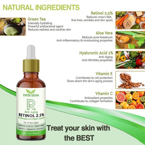 Evita Derm 2.5 Retinol Serum - With Hyaluronic Acid, Vitamin C & E, Peptide, Aloe Vera - Boost Collagen, Reduce Wrinkles, Fine Lines, Acne