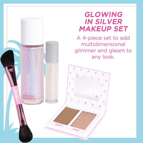 Petite 'n Pretty Makeup Set for Kids (Silver) - Face & Body Makeup for Kids, Tweens, Teens - Highlighter, Body Shimmer Glitter, Lip Gloss, Makeup Brush, Made in the USA