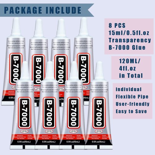 8pcs x15ML B7000 Jewelry Rhinestones Glue, B-7000 Clear Super Glue Transparent Industrial Adhesive for Phone Repair Jewelery Making Crafts Gem Fabric Metal Nail Art Stone Wood Glass