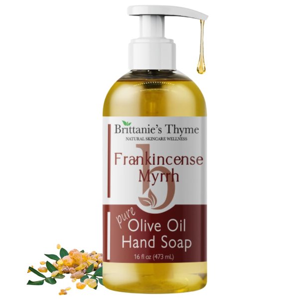 Brittanie's Thyme Organic Natural Hand Soap, 16 oz (Frankincense & Myrrh) Moisturizing Castile Soap Made Olive Oil And Natural Luxurious Essential Oils. Vegan, Gluten & Cruelty Free,