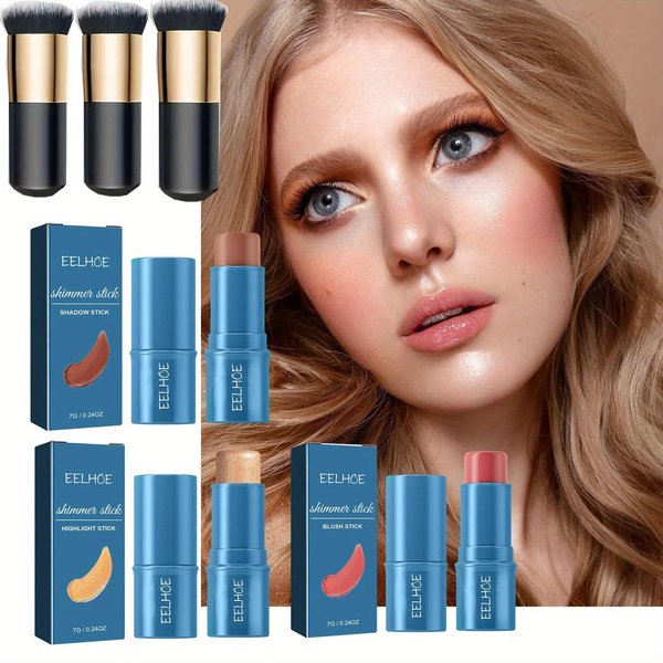 3Pcs Cream Contour Stick Makeup Kit, Shades with Highlighter Stick, Blush Stick and Bronzer Contour Stick for Sculpt The Cheeks, Long Lasting & Smooth, Professional Makeup Kit for All Skin