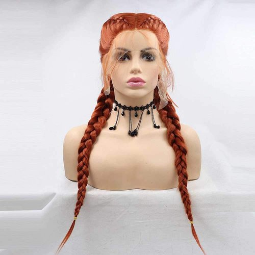 melody wig Synthetic Copper Red Braid Lace Front Wigs 360#Color Double Braided Wig Heat Resistant Fiber Long Braid Wig With Baby Hair …