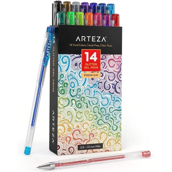 Arteza Glitter Gel Pens with Triangular Grip, 14 Colors -- 0.8 - 1.0 mm Tips, Bright and Vivid Ink, Art Supplies for Scrapbooking, Doodling, & Journaling
