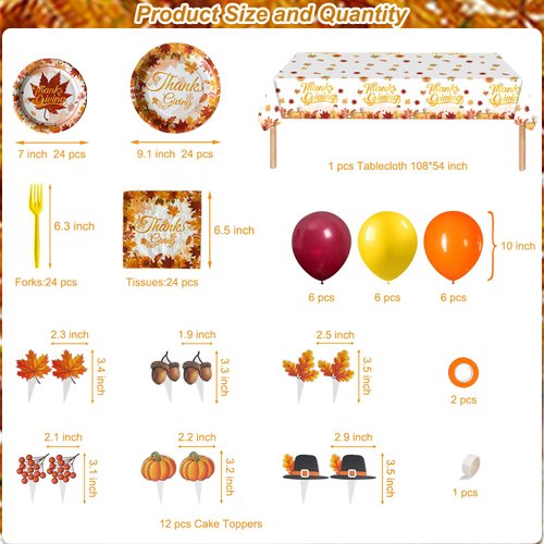 Fall Thanksgiving Party Supplies Set, Thanksgiving Tableware Set with Thanksgiving Plates and Napkins Forks Tablecloths Balloons Cake Toppers for Fall Thanksgiving Theme Party Decoration,Serves 24