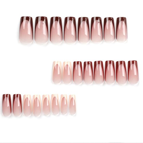 BAOYAALIN Brown Press on Nails Medium Long Square Fake Nails with Design Gel Glue on Nails for Women Girls Full Cover Acrylic False Stick on Nail Manicure for Wedding 24Pcs