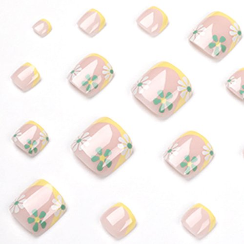 VOIV Summer Press On ToeNails,French Edge Fake Nails Small Flower False Nails Glossy Acrylic Full Cover Nail Glue Toenails Tips Nail Kit 24pcs, White,Yellow