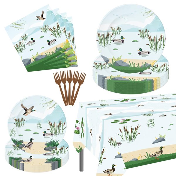 101 Pcs Mallard Duck Party Decorations Tablecloth Tableware Set, Mallard Duck Theme 1st Birthday Party Decor, One Lucky Duck Party Supplies, Duck Hunting Party Plates Napkins for Baby Shower, Serve 25