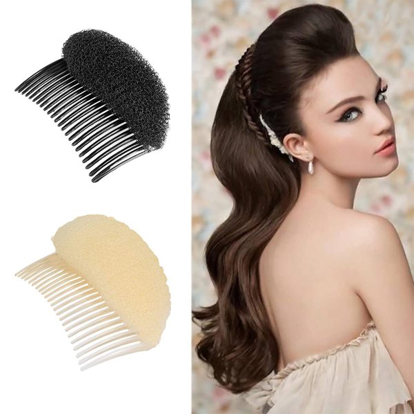 2-Pack Beehive Hair Volume Inserts with Combs - Easy-to-Use Hair Styling Accessories - Quick & Secure Bump It Up - Suitable for Women & Girls - Size 6x8.5cm/2.36"x3.35" - Black & Beige Nylon Material