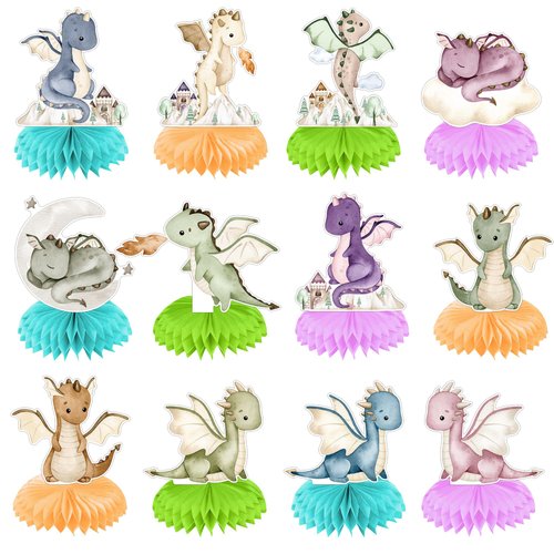 Dragon Birthday Party Table Decorations - 12Pcs Watercolor Baby Dragon Honeycomb Centerpieces, Prefect for Dragon Lover's Birthday Baby Shower Party Decorations