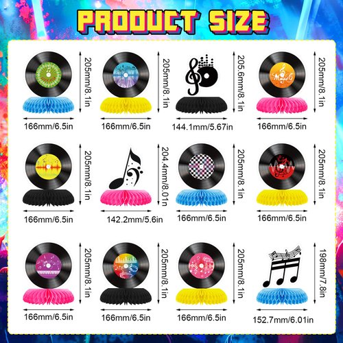12 Pcs 50s Record Honeycomb Centerpieces Retro 80s 90s Music Party Decoration Rock and Roll Party Decor 3D Music Notes Centerpieces for Music Party Birthday 1950s party Supplies